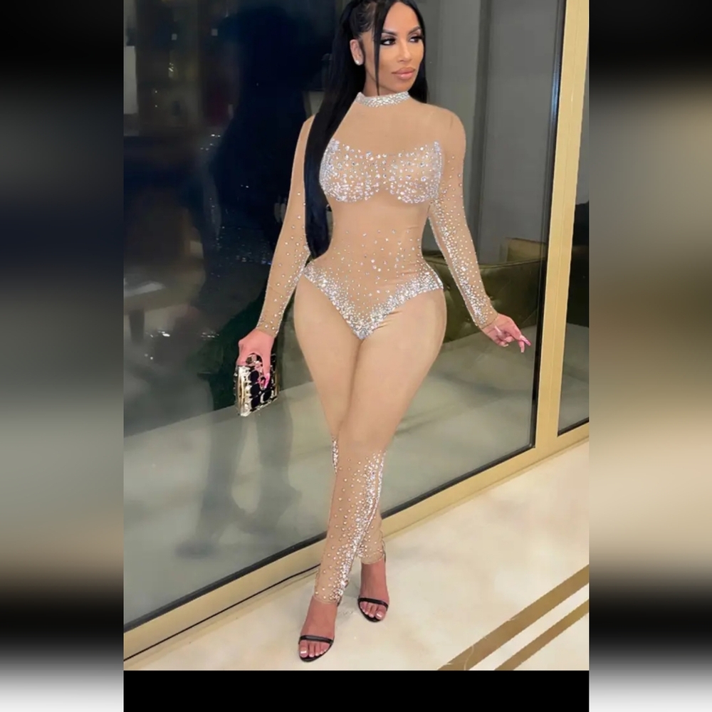 Elegant Sheer Rhinestone Women  Mehs Woman Long Sleeve Jumpsuit White